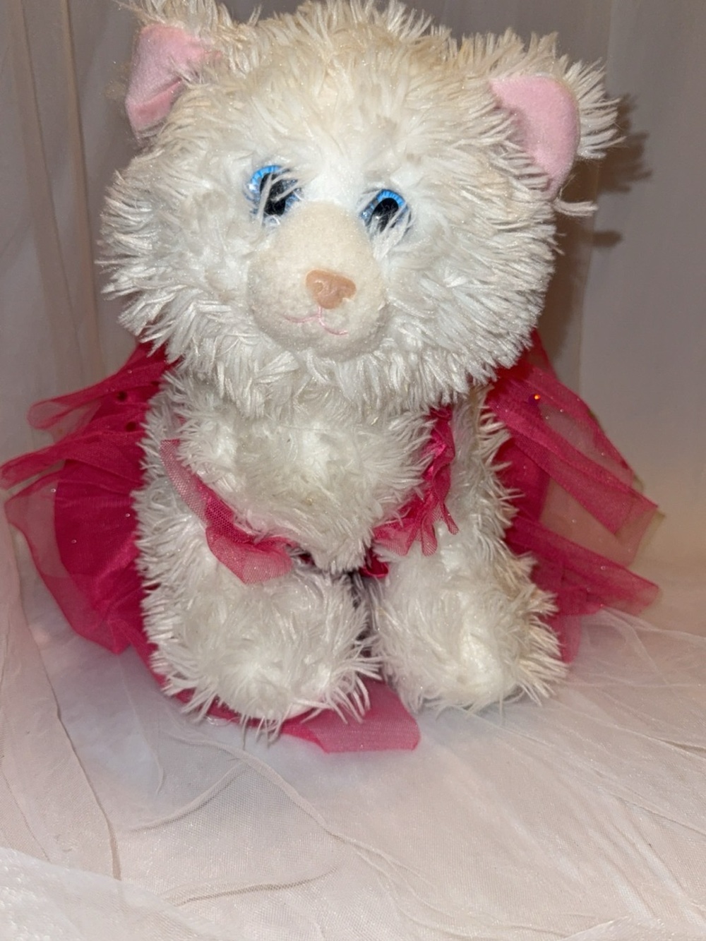 Build-A-Bear White Plush Cat with Pink Tutu and Blue Eyes